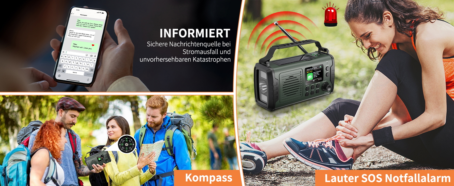 Радіо на механічному заводі DAB+ FM 20000mAh, Аварійне радіо DAB+ з сонячною панеллю та Bluetooth, Радіоліхтарик з зарядкою для телефону та компасом для виживання (Зелений)