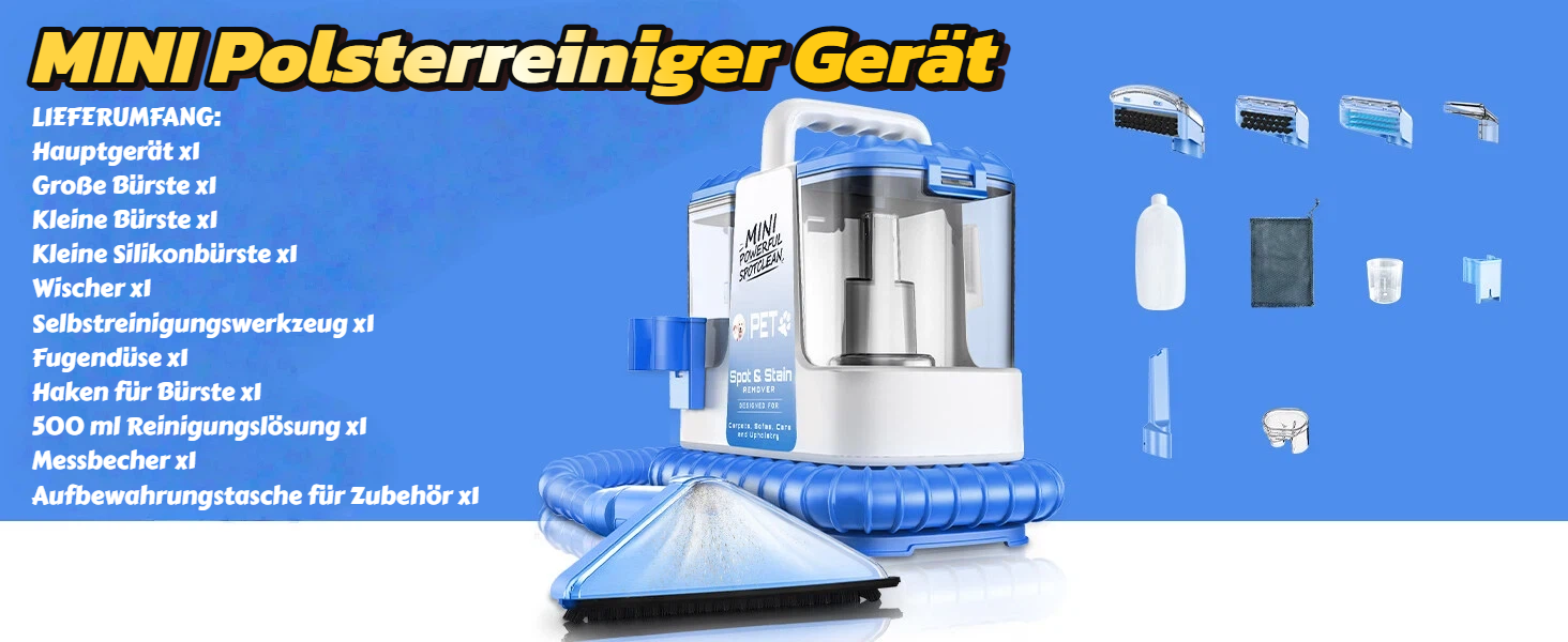 Портативний мийник для м'яких меблів, 600W, 16Kpa, 500мл розчин, 5 насадок. Для диванів, килимів, авто, сходи. Легкий, компактний, блакитний.