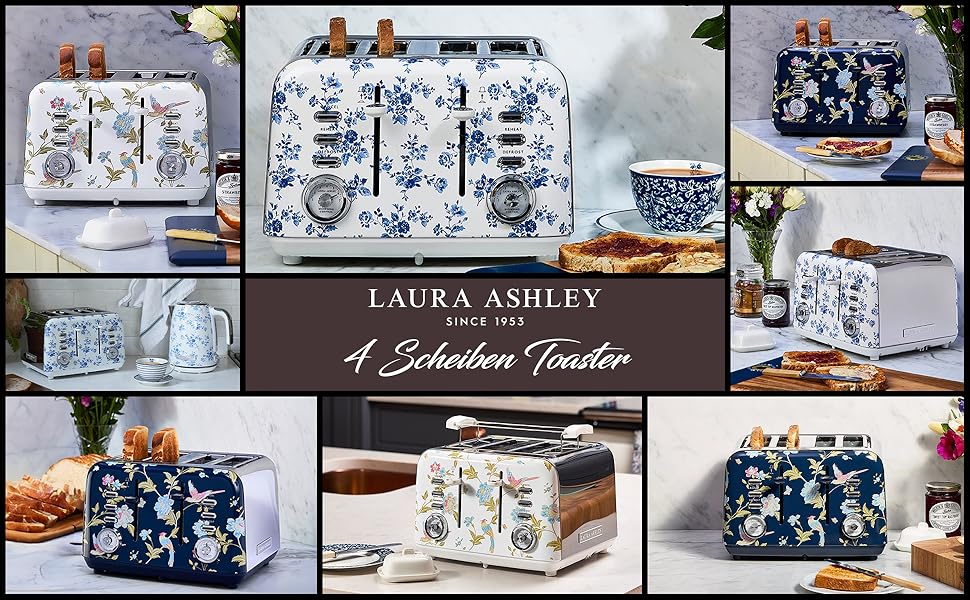Тостер VQ Laura Ashley з 4-ма тостами, регулюванням нагріву, функціями розморожування та підігріву, з насадкою для круасанів, нержавіюча сталь, ретро-дизайн, колір 