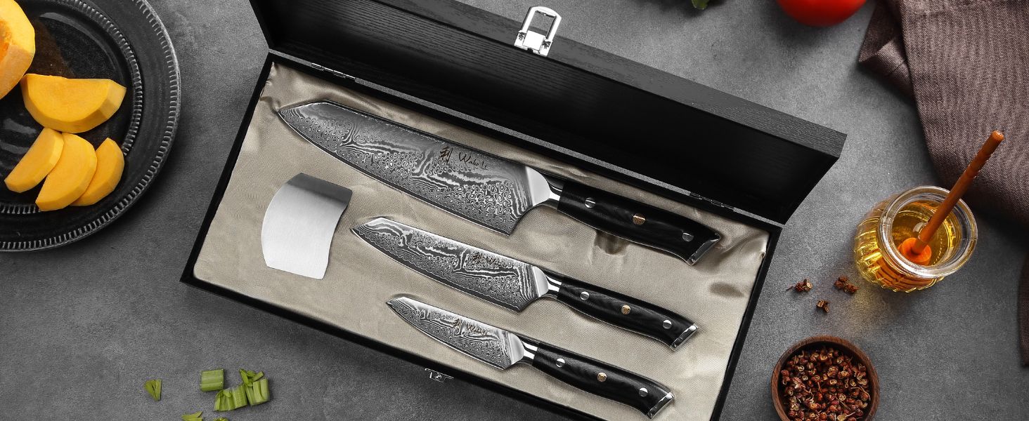 Японський ніж Wakoli Nitoko Santoku 18 см з дамаської сталі (67 шарів) VG10, HRC 60, G10 руків'я, Full Tang, для чистих нарізок, у подарунковій коробці