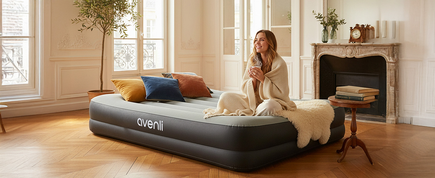 Надувний матрац-ліжко AVENLI для 2 осіб, 203x152x36 см з інтегрованою помпою, флаокова поверхня, для кемпінгу та дому