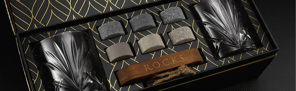 Набір для віскі Rocks: 6 гранітних каменів, 2 склянки, дерев'яний піднос, подарункова коробка з фольгою