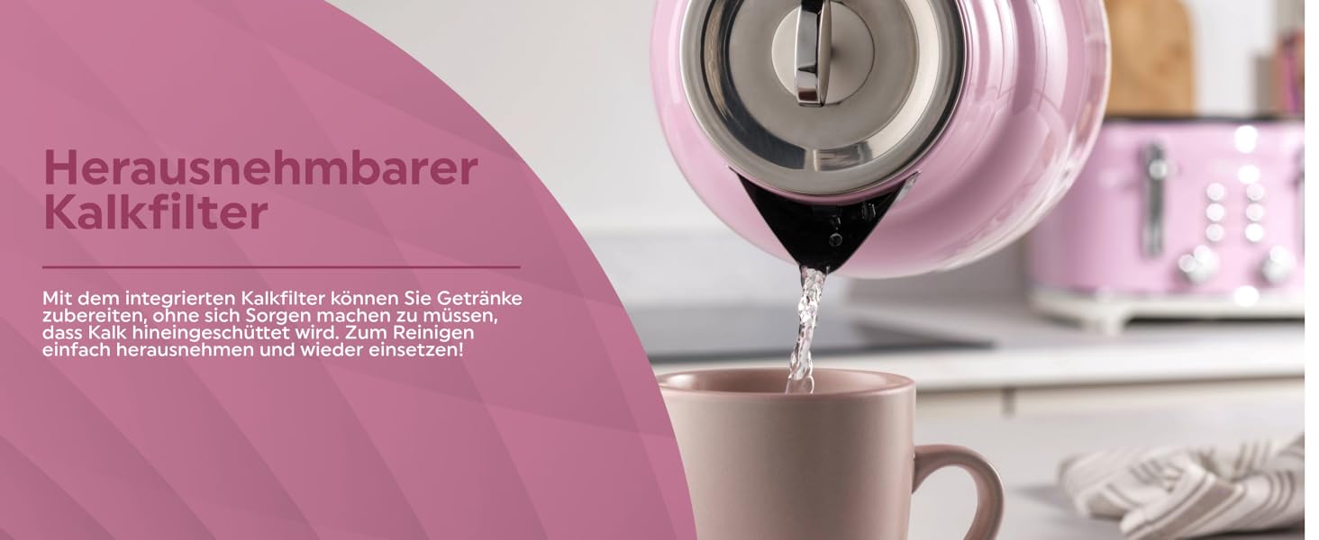 Salter Retro 1.7L Electric Kettle - 3kW, 360° Swivel Base, Removable Scale Filter, Cordless, Water Level Indicator, Boil Indicator, Dry Boil Protection & Auto Shutoff, Pink