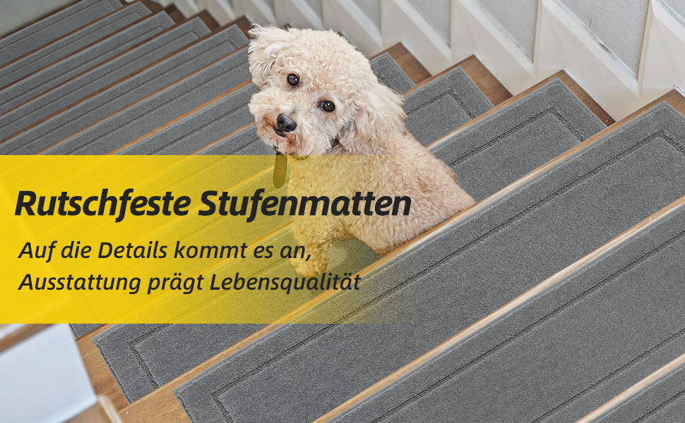 Килимок для сходів JSEI, антиковзкий, набір з 4 шт., 20.3 x 76.2 см, 100% поліестер, TPE-підкладка, сірий