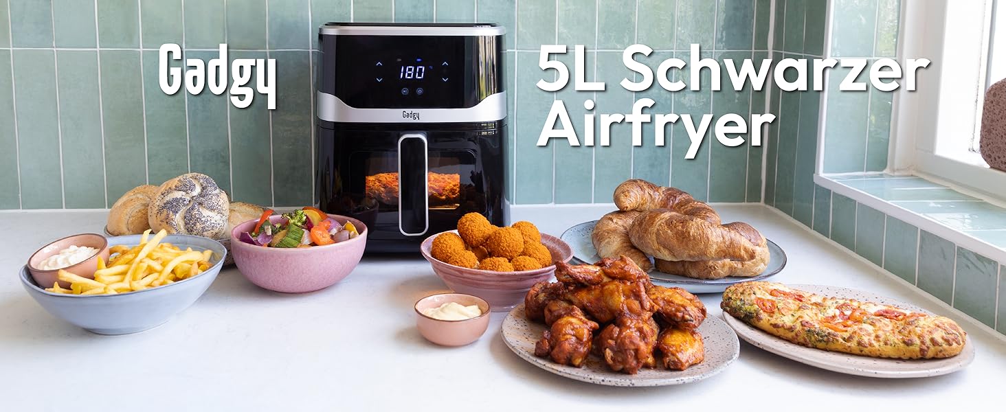 Фритюрниця без олії Gadgy 5L з цифровим дисплеєм та скляним вікном - Airfryer з антипригарним покриттям, 1400W, регулювання температури 80-200°C
