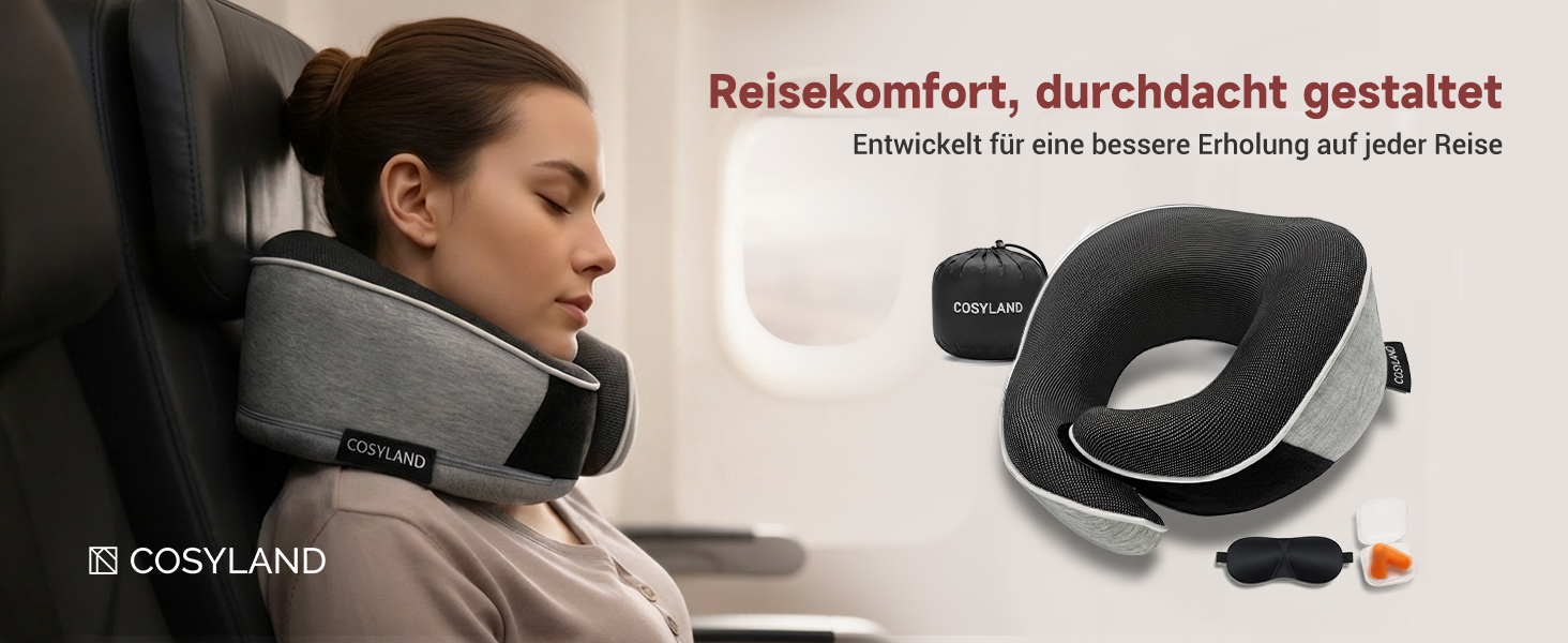 Подушка для подорожей COSYLAND з Memory Foam 360° - для літака та авто, з маскою для сну та берушами, сіра, ергономічна