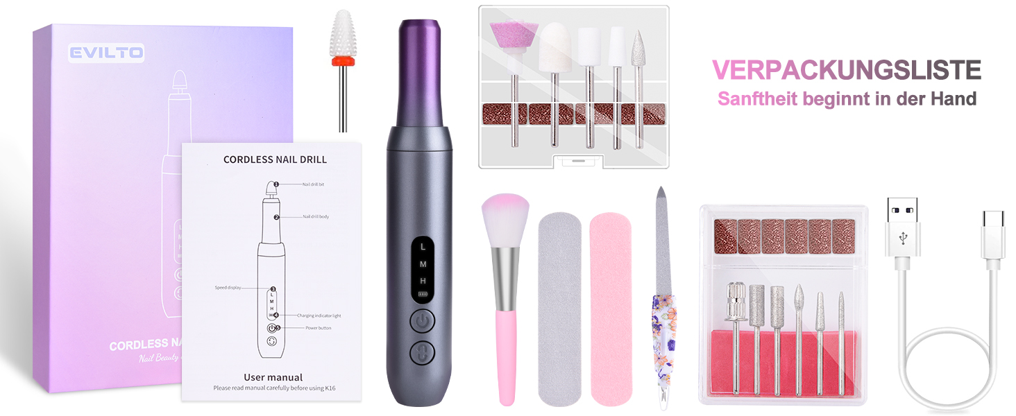 Електричний нагрівач для гелевих нігтів (манікюр/педикюр) з LCD-дисплеєм, 30000 об/хв, 3 швидкості, USB, сірий/фіолетовий