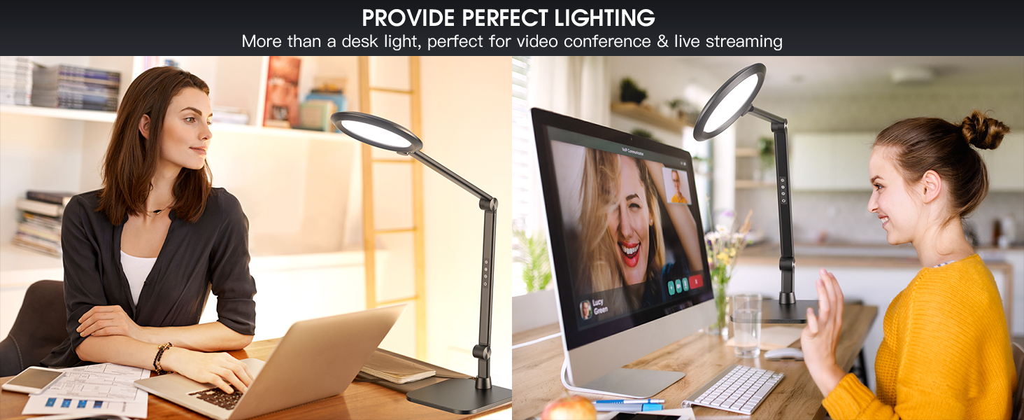 LED лампа настільна з денним світлом для відеоконференцій, офісна лампа з підставкою, регульована з 4 кольоровими режимами, 18W світло для відео, захищає очі, для дому та офісу, матовий білий (тінтовий чорний)