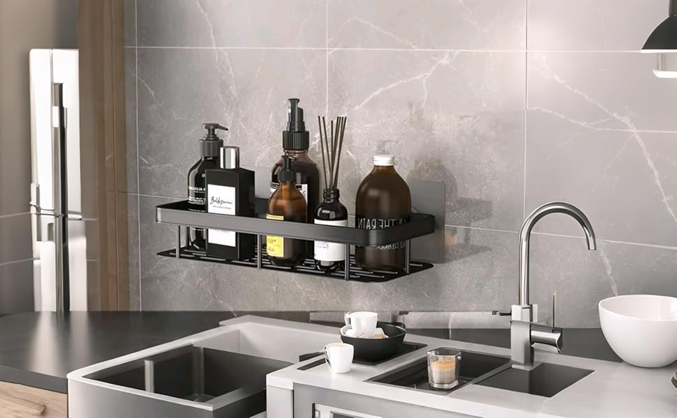 Полка для душу без свердління, алюмінієва полиця для душу, самоклеюча, чорна (2 шт.)