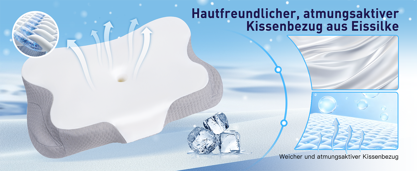 Подушка для шиї Fwoueot з піною з пам'яті, ортопедична, для сну на боці, спині та животі, блакитна