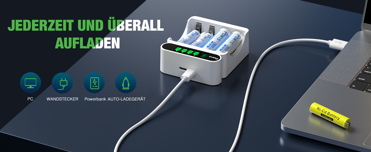 Зарядний пристрій POWXS для акумуляторів NI-MH NI-CD AA AAA з LCD-дисплеєм, універсальний, Micro USB & Type-C, безпечний