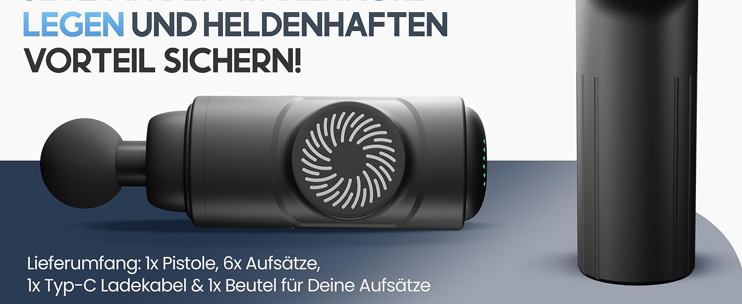 Heldenwerk Massage Gun - Muscle Massager with 6 Attachments & 3200 RPM - USB-C Rechargeable - Black
