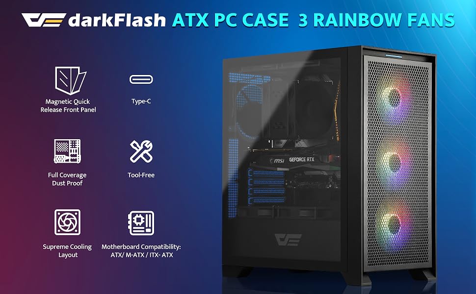 Ігровий корпус darkFlash DRX70 ATX Mid-Tower, 3x120мм RGB вентилятори, загартоване скло, Mesh-панель, чорний