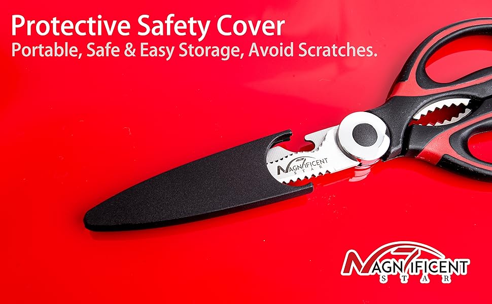 Кухонні ножиці з нержавіючої сталі з захисною кришкою та ергономічною м'якою ручкою, мультифункціональні ножиці для птиці, м'яса, трав та овочів Red