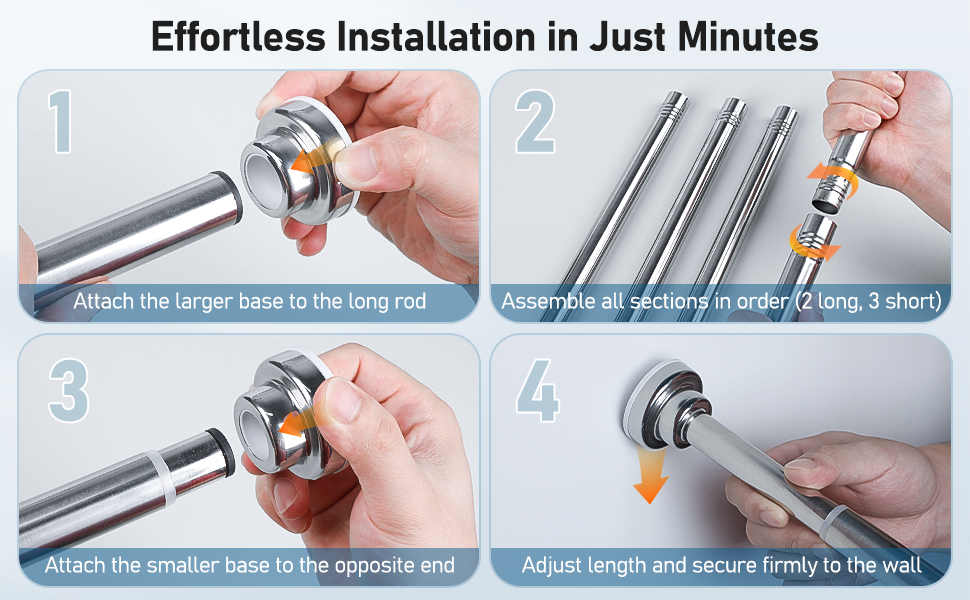 Штанга для душу Uniclife без свердління, 82–204 см, регульована, нержавіюча сталь, для ванної, вікна, шафи, срібна
