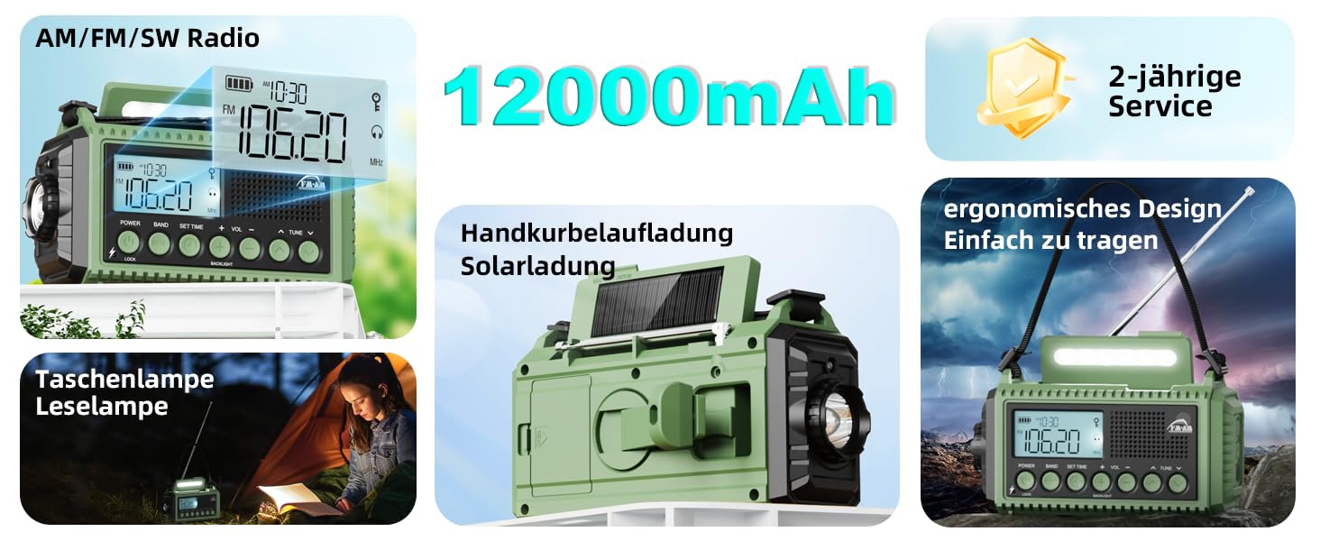 Радіо Kurbelradio 12000 mAh з сонячною панеллю та ручкою, AM/FM/SW, USB-зарядка, ліхтарик, SOS-сигнал, для кемпінгу та надзвичайних ситуацій, зелений