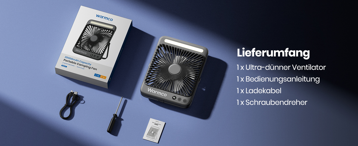 Вентилятор для кемпінгу Warmco 20000mAh з лампою та дисплеєм, 15-48 годин роботи, тихий, ультратонкий, з гачком, USB, чорний