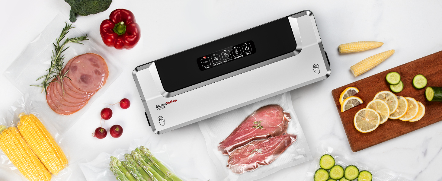 Вакуумний пакувальник Bonsenkitchen для зберігання продуктів та приготування су-від, з 40 пакетами, срібний
