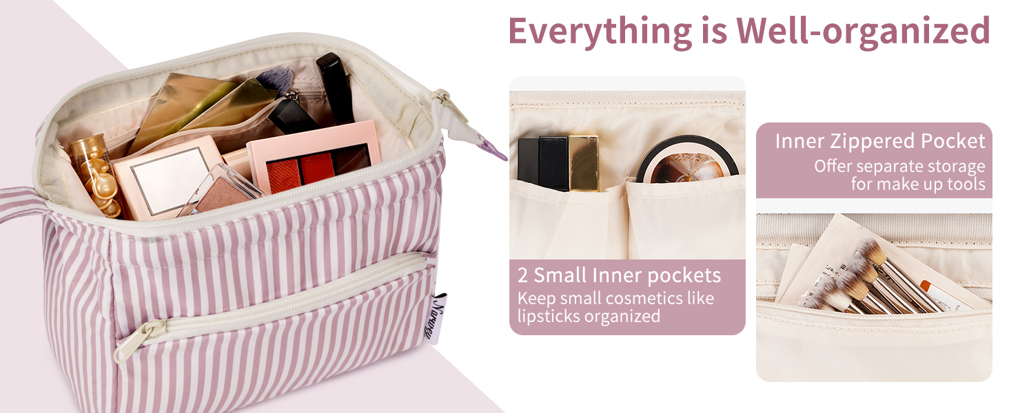 Косметичка жіноча Narwey для подорожей: зручна та містка сумка для косметики та аксесуарів (сіро-блакитний, рожеві смуги)