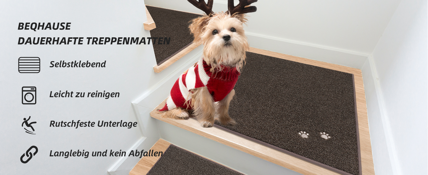 BEQHAUSE Non-Slip Stair Treads - 15 Piece Set - Washable Carpet for Stairs - Safe for Kids, Seniors & Pets - 100% Polyester with TPE Backing - 22x70cm