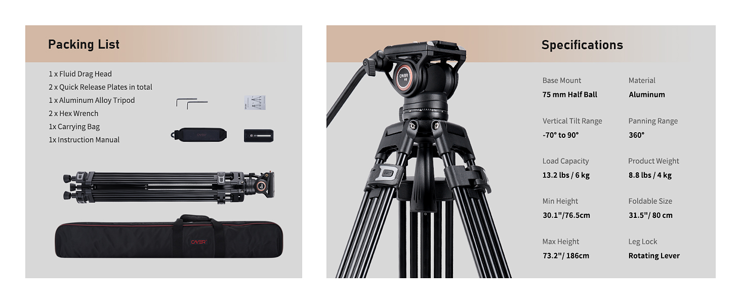 Штатив відео Cayer BF30L з пливним кріпленням, 73' (22м) – міцний штатив для DSLR, відеокамер, камер (13.2 кг)