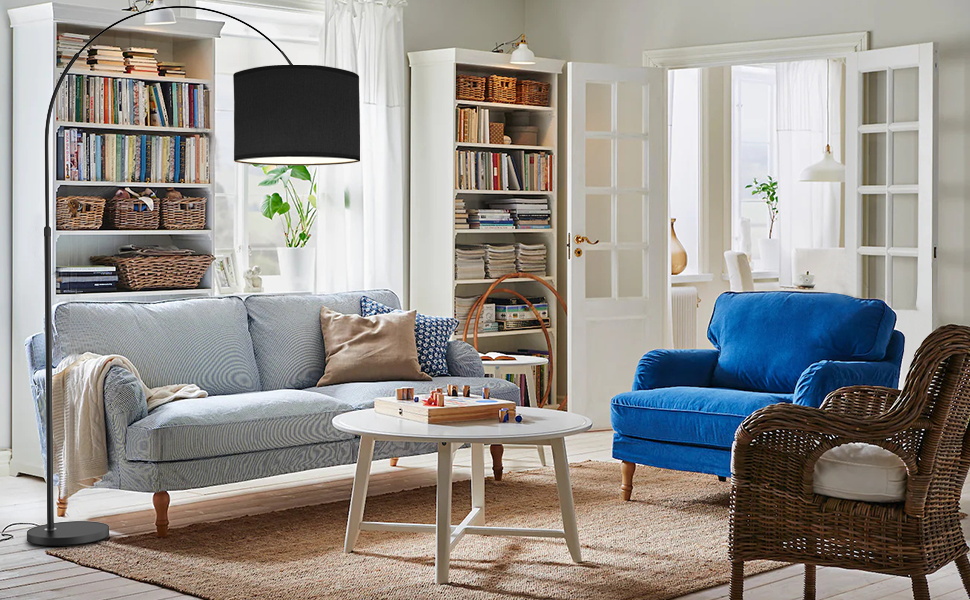 Торшер для вітальні JASMIN I з LED E27, чорний абажур 33 см, з вимикачем на нозі, торшер-арка, вінтажний стиль, підходить для спальні, готелю