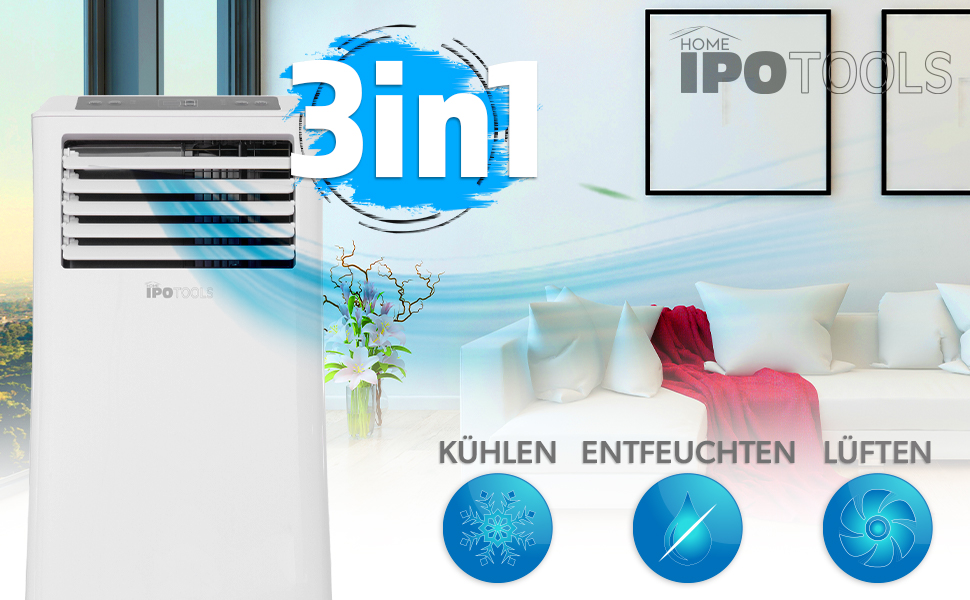 Мобільний кондиціонер IPOTOOLS 9000 BTU з витяжною голкою: охолодження, вентиляція, осушення. Білий