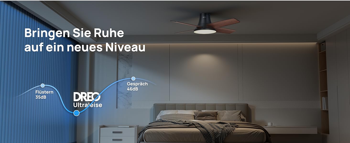 Стеляний вентилятор Dreo з підсвічуванням та пультом керування, 112 см (44 дюйми), плоский, чорний, реверсивний, 5 лопатей, 6 рівнів регулювання яскравості, 6 швидкостей, тихий, з таймером, легка установка для спальні