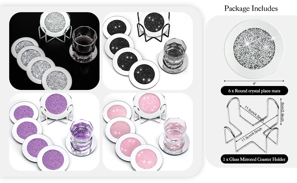 7-Piece Glass Coaster Set, 6 Crystal Coasters with Holder for Drinks, Silver, Glitter, Table, Bar Accessories (round)