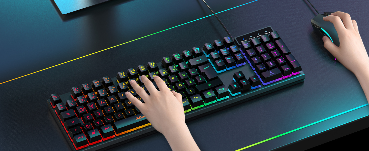 Ігрова клавіатура та миша RaceGT з підсвічуванням RGB, 104 клавіші, 7 кнопок миші, 6400 DPI, QWERTZ (DE-Layout)