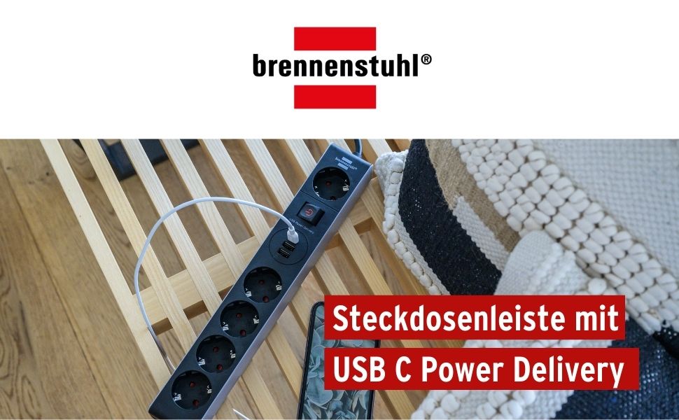 Бренненштуль мережевий фільтр 5-портовий з USB-C Power Delivery та 2 USB, для швидкої зарядки, 1x USB-C PD, 2x USB 2.4A, Single