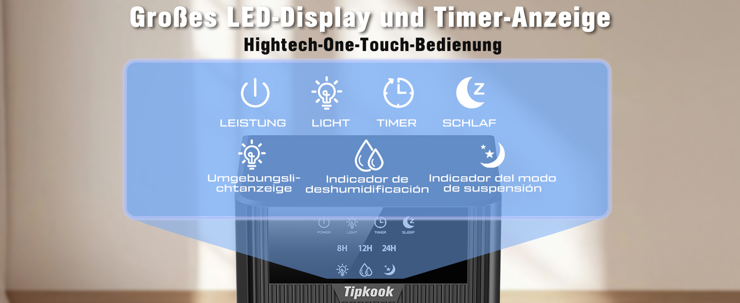 Електричний осушувач повітря Tipkook 2400 мл з автоматичним відтаненням, 10 кольорових світлодіодів, таймером 8/12/24 год, портативний для ванної, спальні, кухні, шафи, срільно-сірий