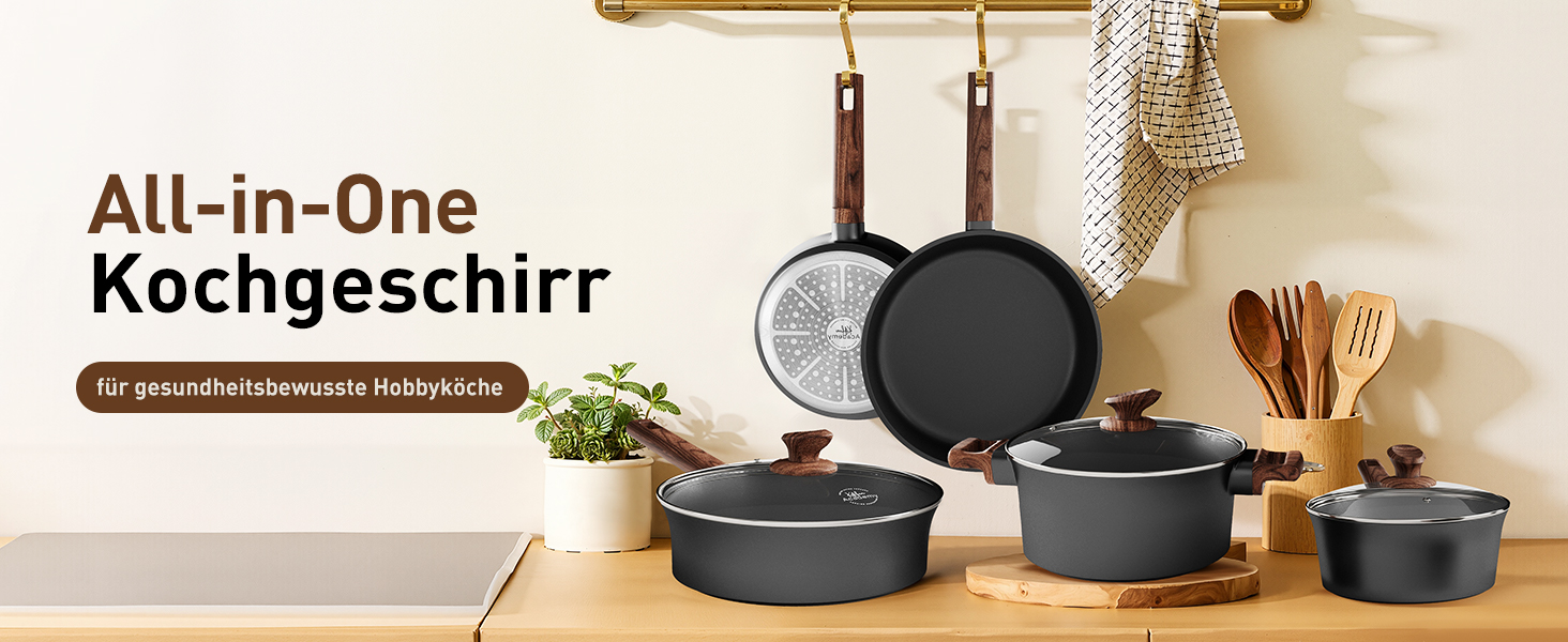 Набір кухонного посуду Kitchen Academy з антипригарним покриттям для індукції, 10 предметів: каструлі та сковороди з керамічним покриттям та скляними кришками