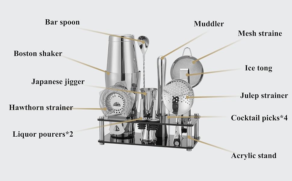 Набір шейкерів Boston - 16 предметів, нержавіюча сталь, акрилова основа, набір для приготування коктейлів