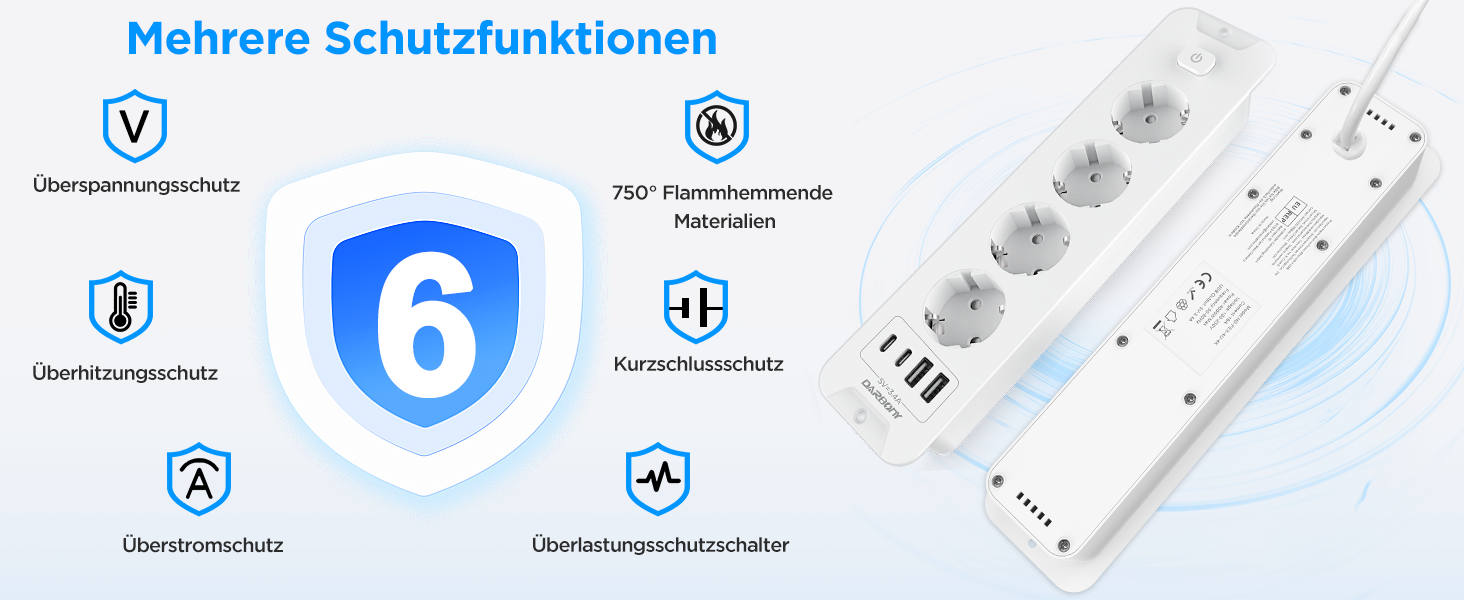 Мережевий фільтр з USB та 2 Type-C, 4 розетки, кутовий, з LED-підсвічуванням, захист від перенапруги 3680W 16A, 90°, з вимикачем, кабель 1,5 мм², білий