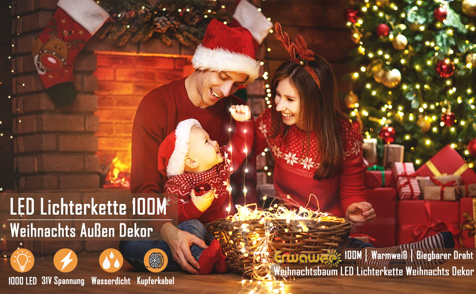 Льод-гірлянда мідний дріт, 100 метрів, 1000 LED, 8 режимів, вологостійка, тепле світло, для прикраси дому, саду, ялинки, вечірки, Різдва