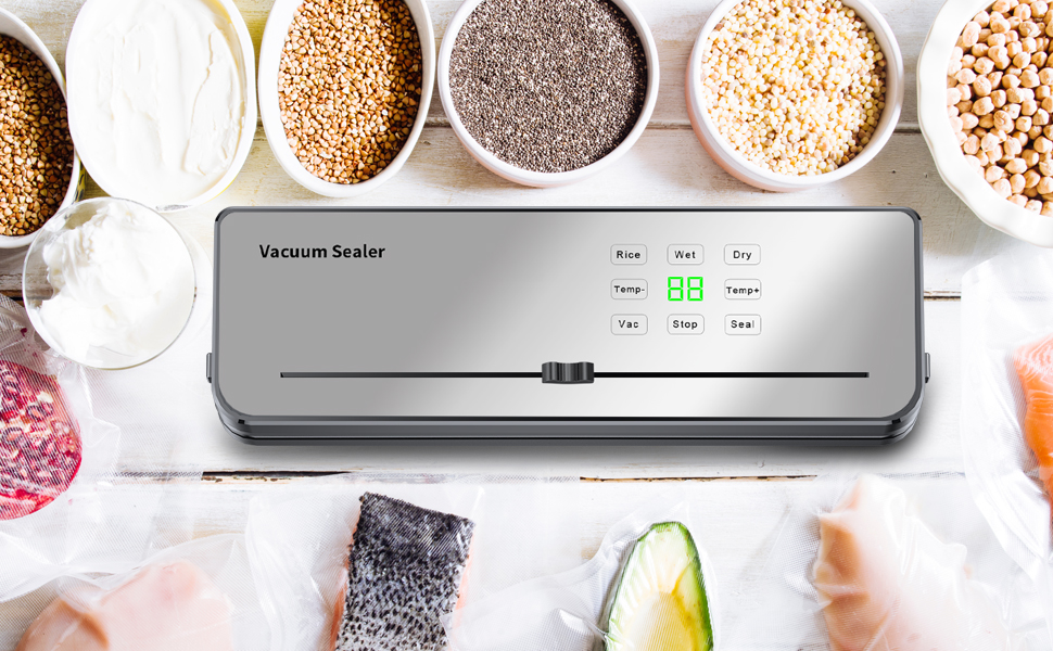 Вакуумний пакувальник ESoundvol 8-в-1 з контролем температури, вбудованим різаком та LED-дисплеєм для зберігання продуктів, 10 пакетів