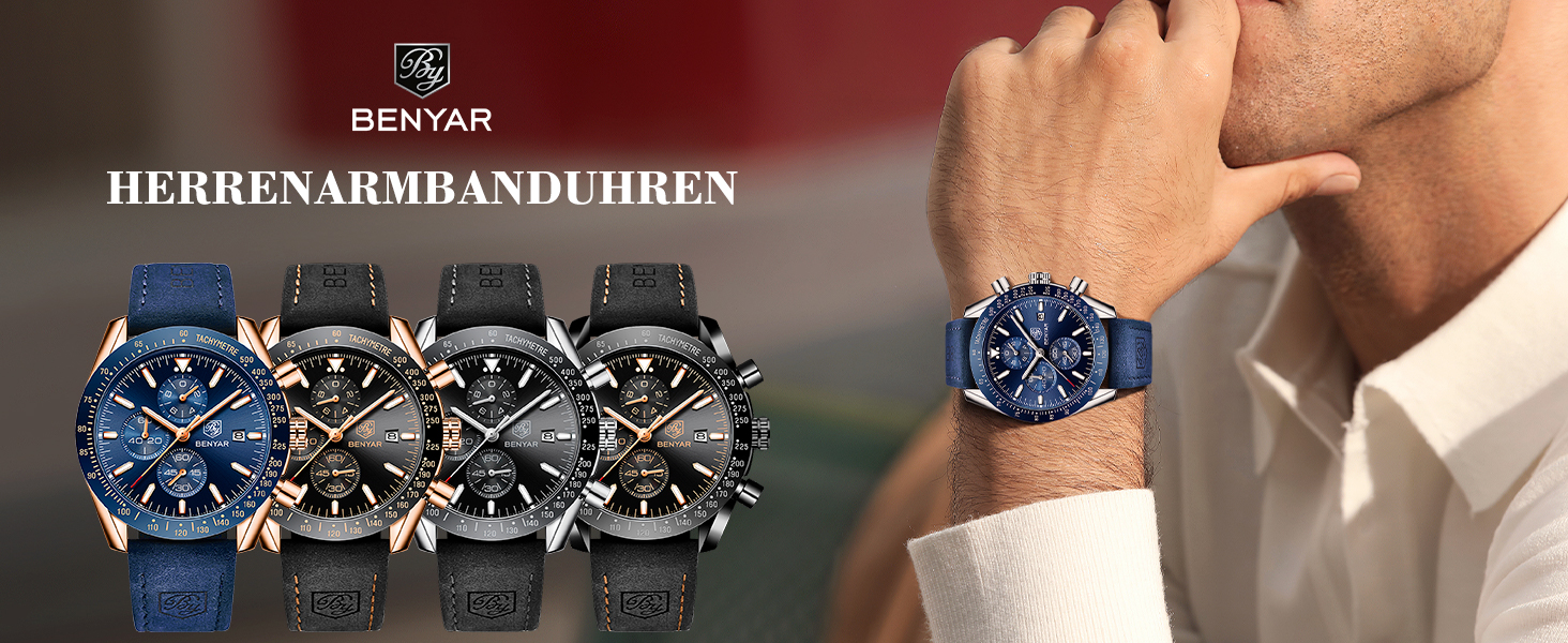 Годинник чоловічий BENYAR Quarz Chronograph з датою, водонепроникний, чорний ремінець/чорне циферблат/сріблясте корпус, для повсякденного та ділового стилю