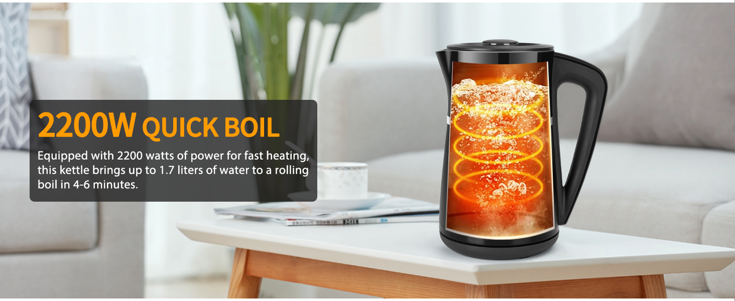 Електричний чайник Aigostar Alva з регулюванням температури 40°C-100°C, 1.7 л, подвійні стінки, Cool Touch, LED дисплей, тихий, бездротовий, з функцією підтримання тепла, 2200W, BPA Free, чорний