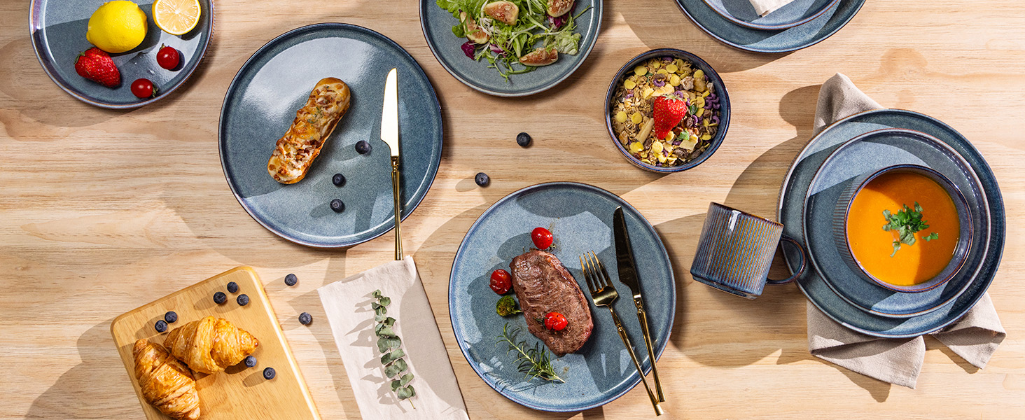 Набір посуду GBhome з каменю, 24 елементи, ручна робота, для 6 осіб, стійкий до миття в посудомийній машині та мікрохвильовій печі, керамічний посуд, блакитний колір