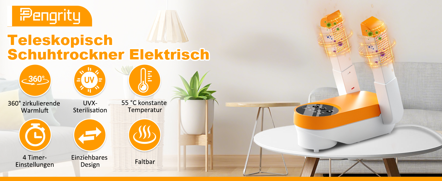 Електричний сушильник для взуття та рукавичок: телескопічний, з таймером, для взуття, черевиків, гірськолижних черевиків (помаранчевий)