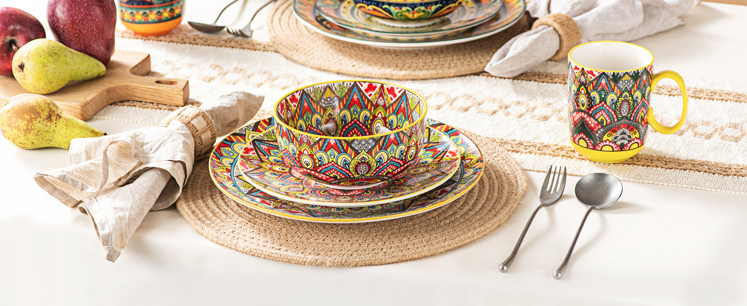 Набір супових тарілок Henten Home, 4 шт. - порцелянові десертні/сніданочні тарілки, 300 мл, для морозива/рису/десерту, кольорові сервіровочні миски, 4 шт. - Богемний стиль