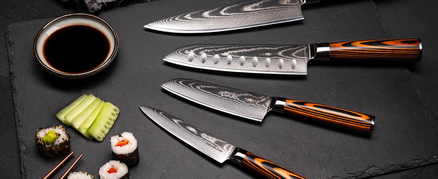 Набір кухонних ножів Wolfblood Damast 3 шт (32/26/20 см) з дамаської сталі 67 шарів, твердість 62 HRC, сертифіковано TÜV + чохол та подарункова коробка