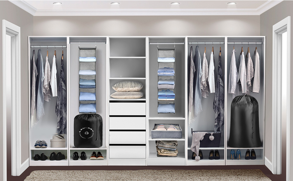 Органайзер для шафи AiQInu з 3 відділеннями, на вішалку, бамбуковий, сірий (з гачками)