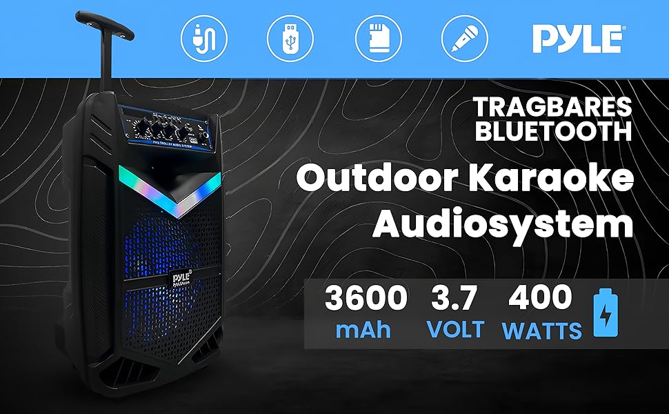 Pyle PA Bluetooth Partybox: Караоке-машина з мікрофоном, 400W, 8” сабвуфер, Bluetooth, USB/SD, радіо, світлові ефекти