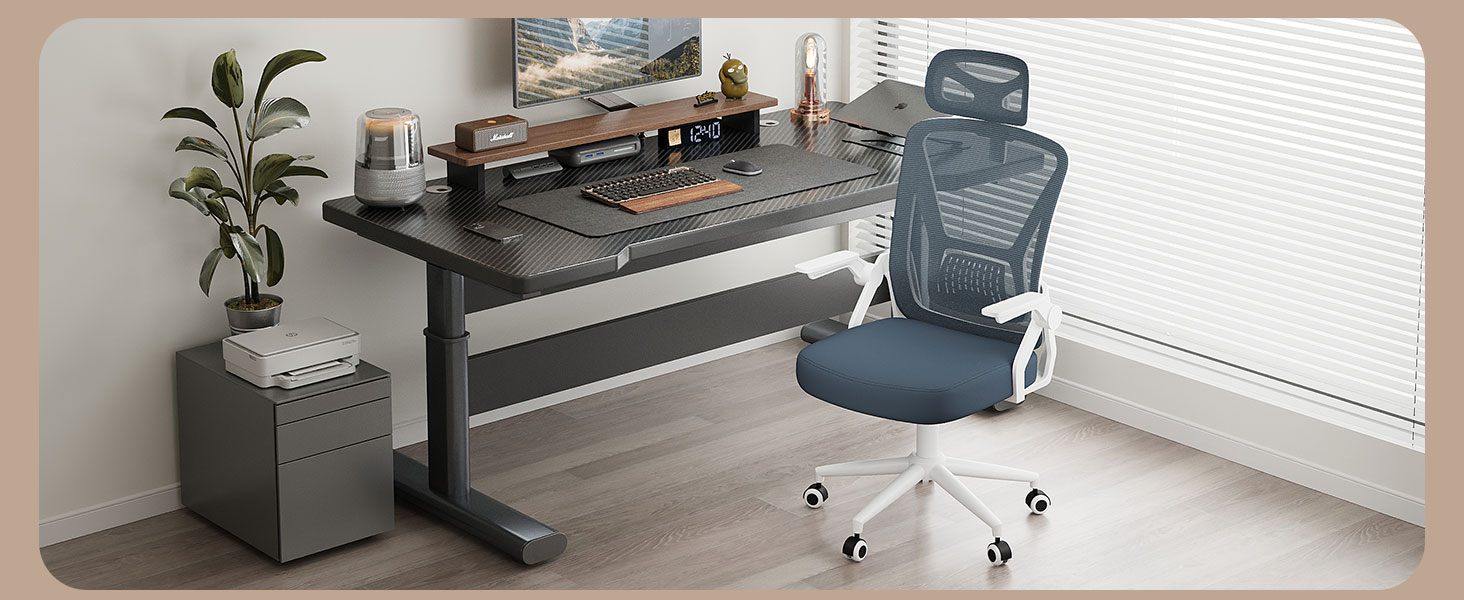 Офісний стіл Naspiro, ергономічне крісло з сітчастою спинкою, підтримка попереку, м'яке сидіння, регульована висота, для дому та офісу, сірий (темно-сірий, з підголовником)