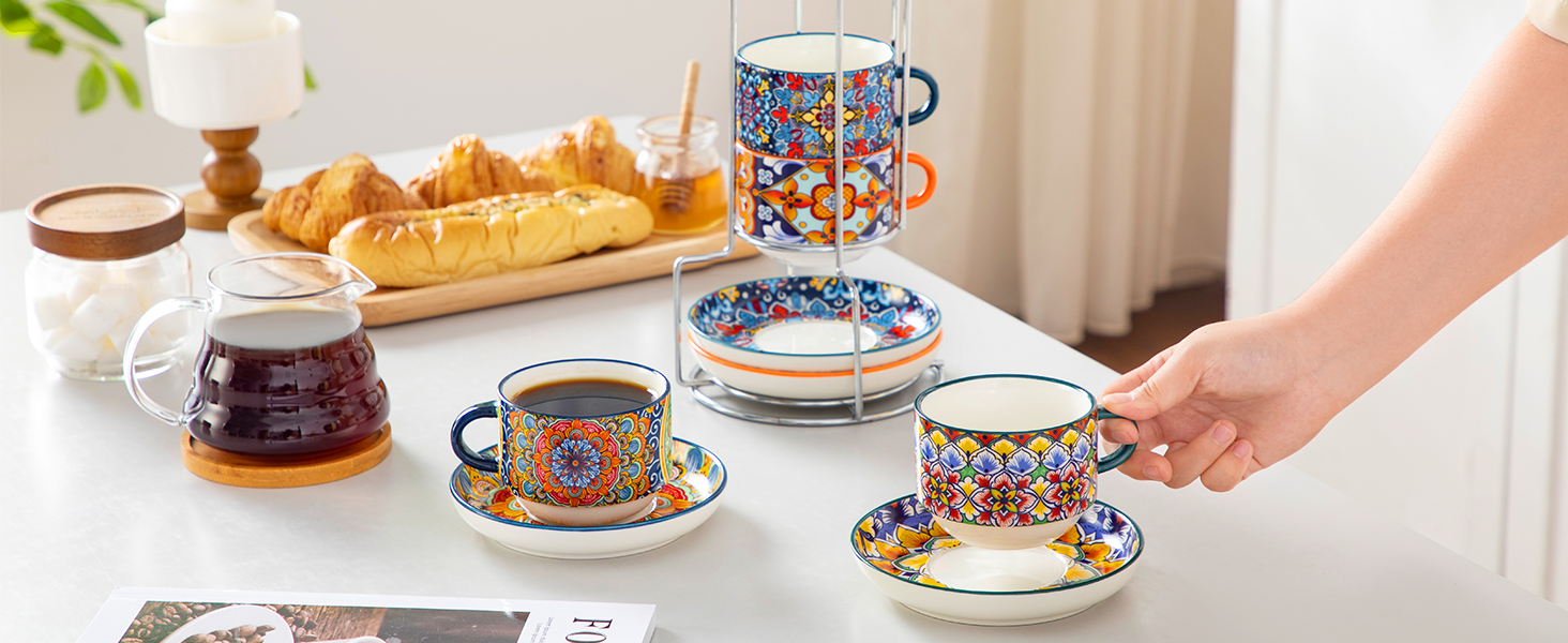 Набір чашок для еспресо Vancasso 4 шт., 150 мл SIMI з підставками та стійкою, керамічні, для капучино, еспресо, лате