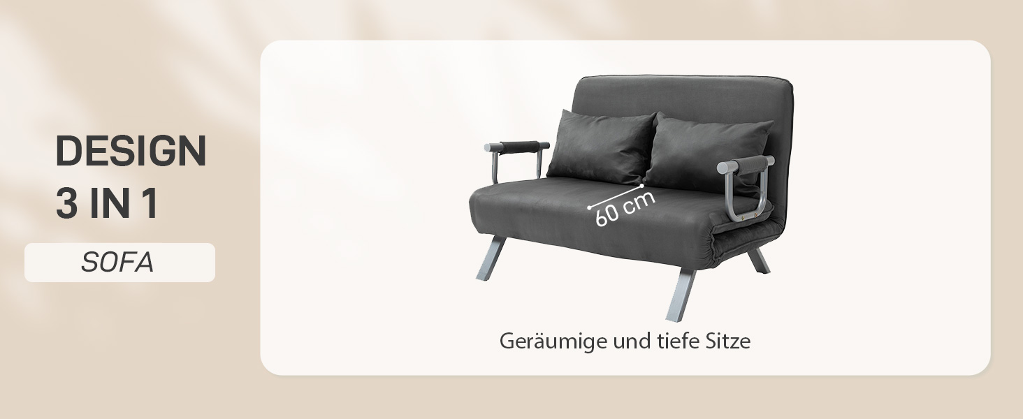 HOMCOM Convertible Sofa Bed with Adjustable Backrest, Throw Pillows, and Sleep Function