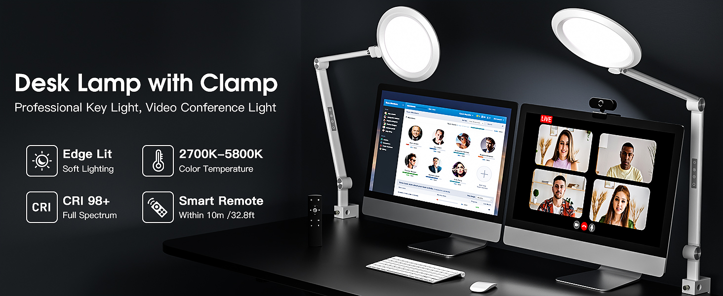 LED лампа настільна з регулюванням яскравості, 4 режими кольору, 18W для відеоконференцій, офісу та дому (матова біла)