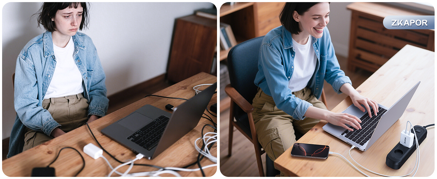 Мережевий зарядний пристрій ZKAPOR з USB-C, 4 порти, 45W, білий. Підходить для iPhone 16/15/14, Samsung Galaxy, Huawei, iPad.